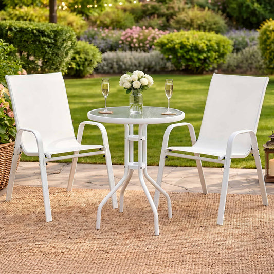Roran 3-Piece Outdoor Bistro Set Table and Chairs Stackable Patio Furniture - White