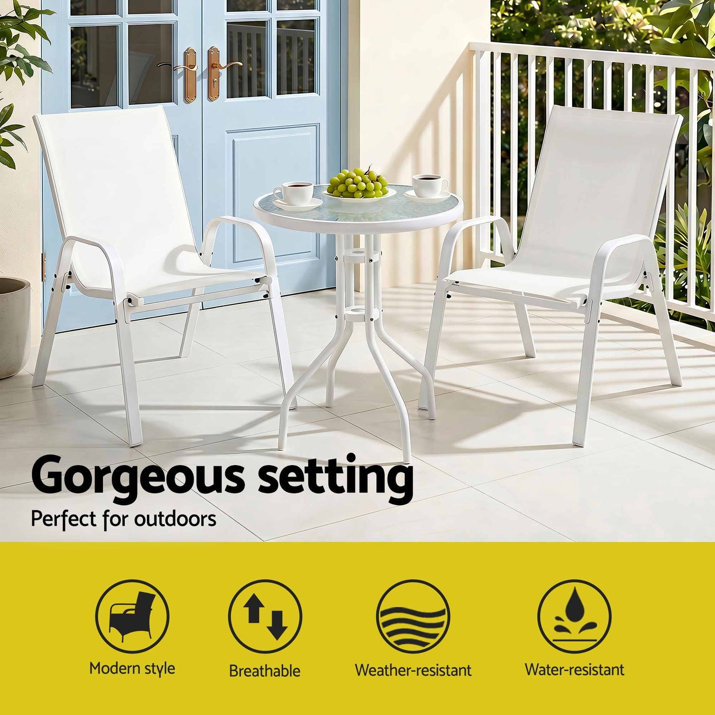 Roran 3-Piece Outdoor Bistro Set Table and Chairs Stackable Patio Furniture - White