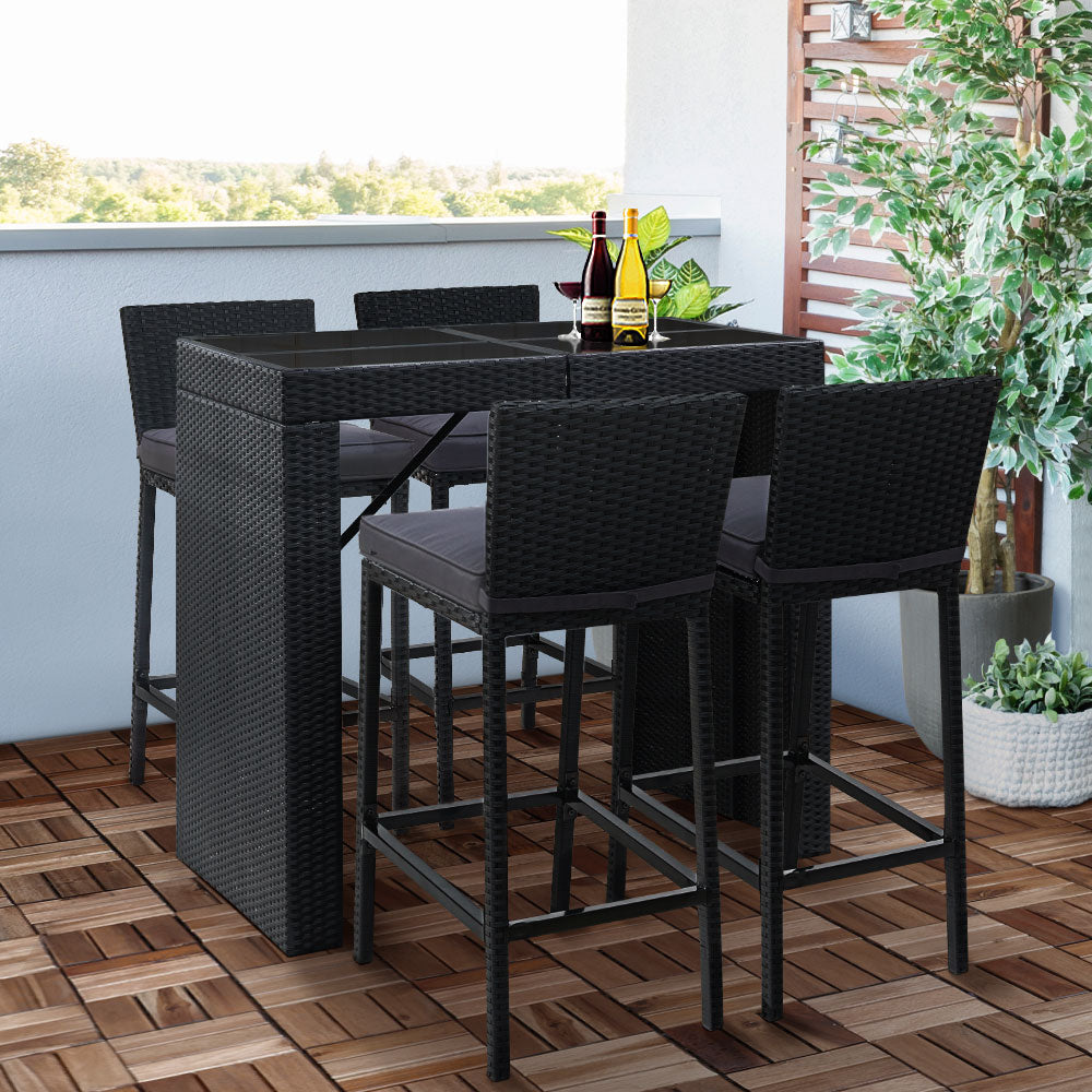 Ronan 4-Seater Stools Rattan Patio Furniture 5-Piece Outdoor Table And Chair Set - Black