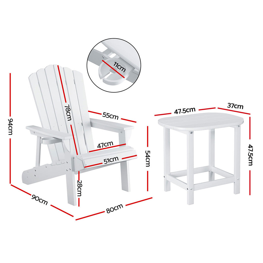 Adirondack Gardeon Outdoor Table and Chairs HDPE Beach Chair Sun Lounge Patio Furniture Garden White