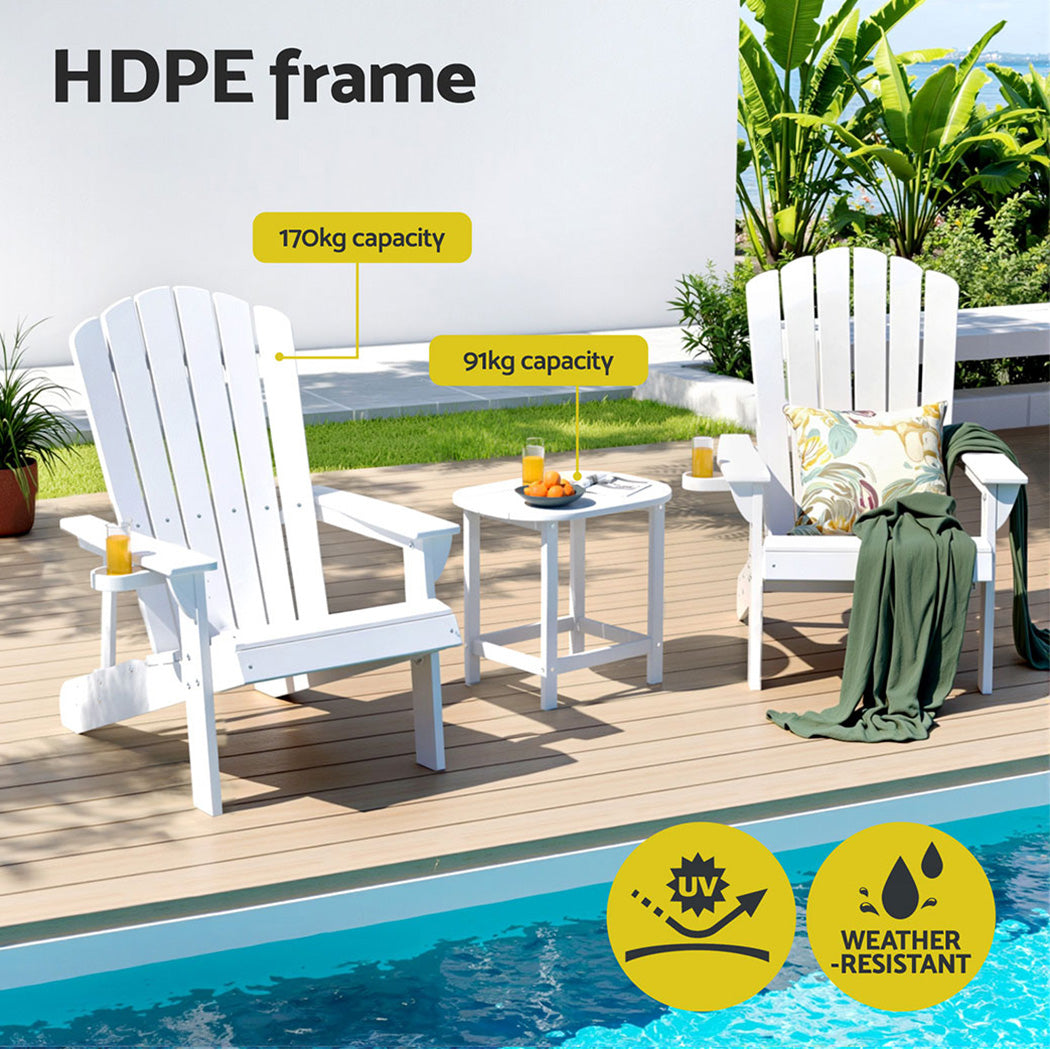 Adirondack Gardeon Outdoor Table and Chairs HDPE Beach Chair Sun Lounge Patio Furniture Garden White
