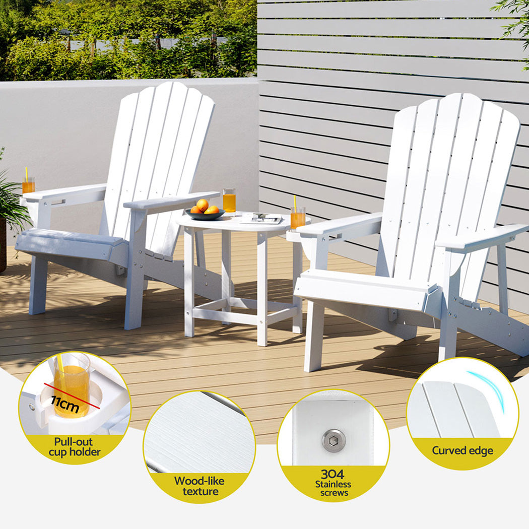 Adirondack Gardeon Outdoor Table and Chairs HDPE Beach Chair Sun Lounge Patio Furniture Garden White
