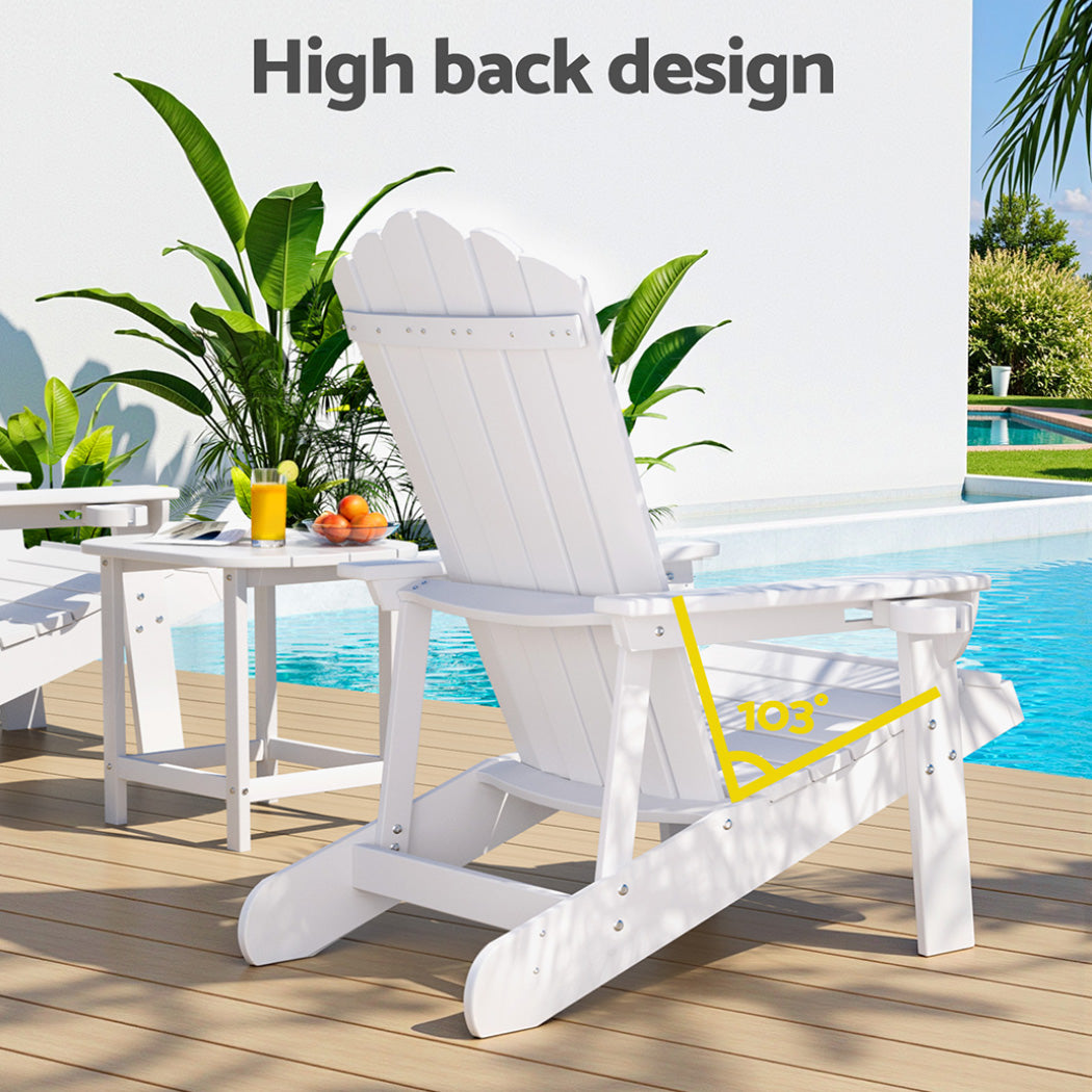 Adirondack Gardeon Outdoor Table and Chairs HDPE Beach Chair Sun Lounge Patio Furniture Garden White
