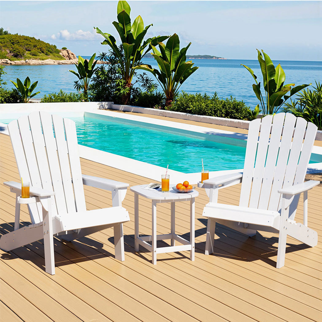 Adirondack Gardeon Outdoor Table and Chairs HDPE Beach Chair Sun Lounge Patio Furniture Garden White