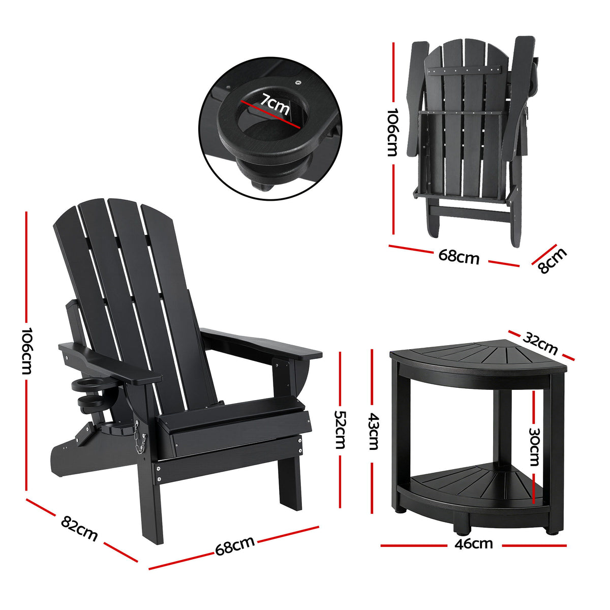Outdoor Table and Chairs HDPE Folding Adirondack Beach Chair Patio Furniture Black