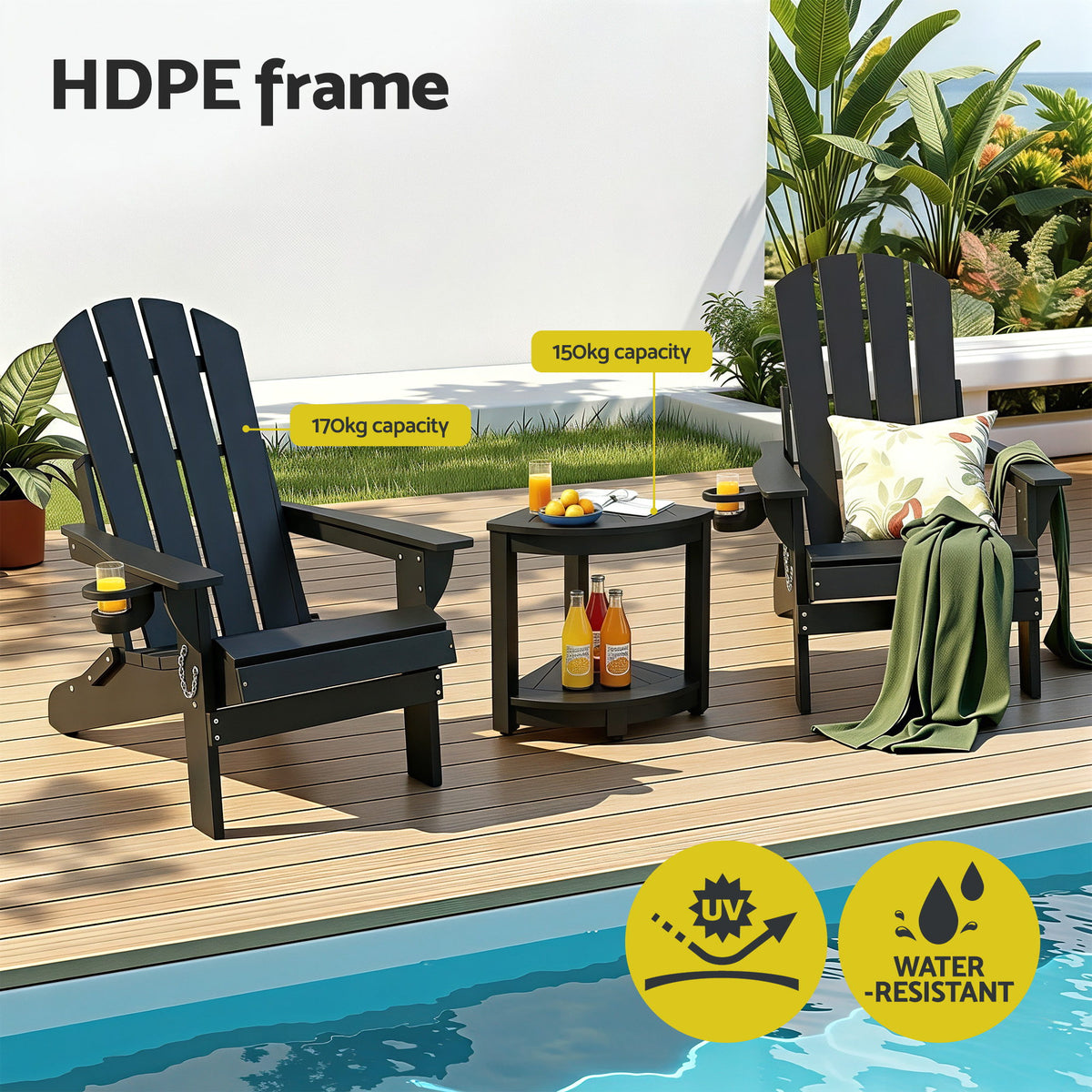 Outdoor Table and Chairs HDPE Folding Adirondack Beach Chair Patio Furniture Black