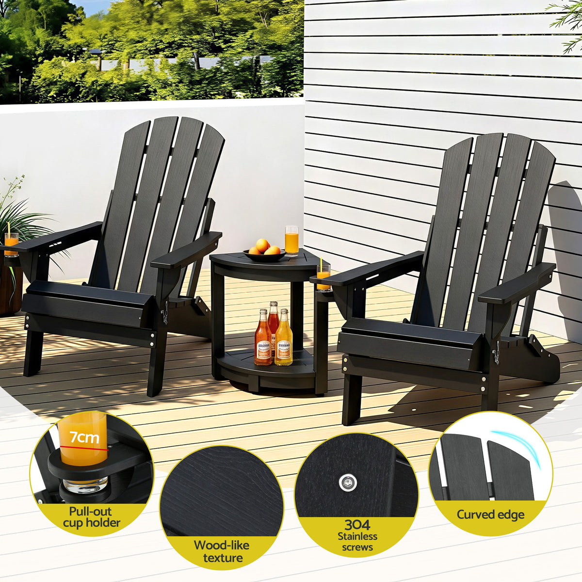 Outdoor Table and Chairs HDPE Folding Adirondack Beach Chair Patio Furniture Black