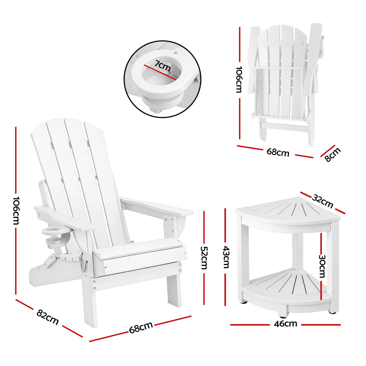 Adirondack Gardeon Outdoor Table and Chairs HDPE Folding Beach Chair Patio Furniture White