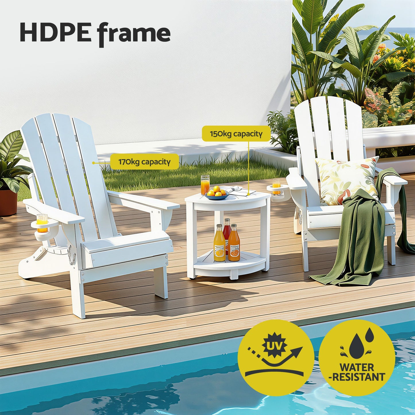 Adirondack Gardeon Outdoor Table and Chairs HDPE Folding Beach Chair Patio Furniture White