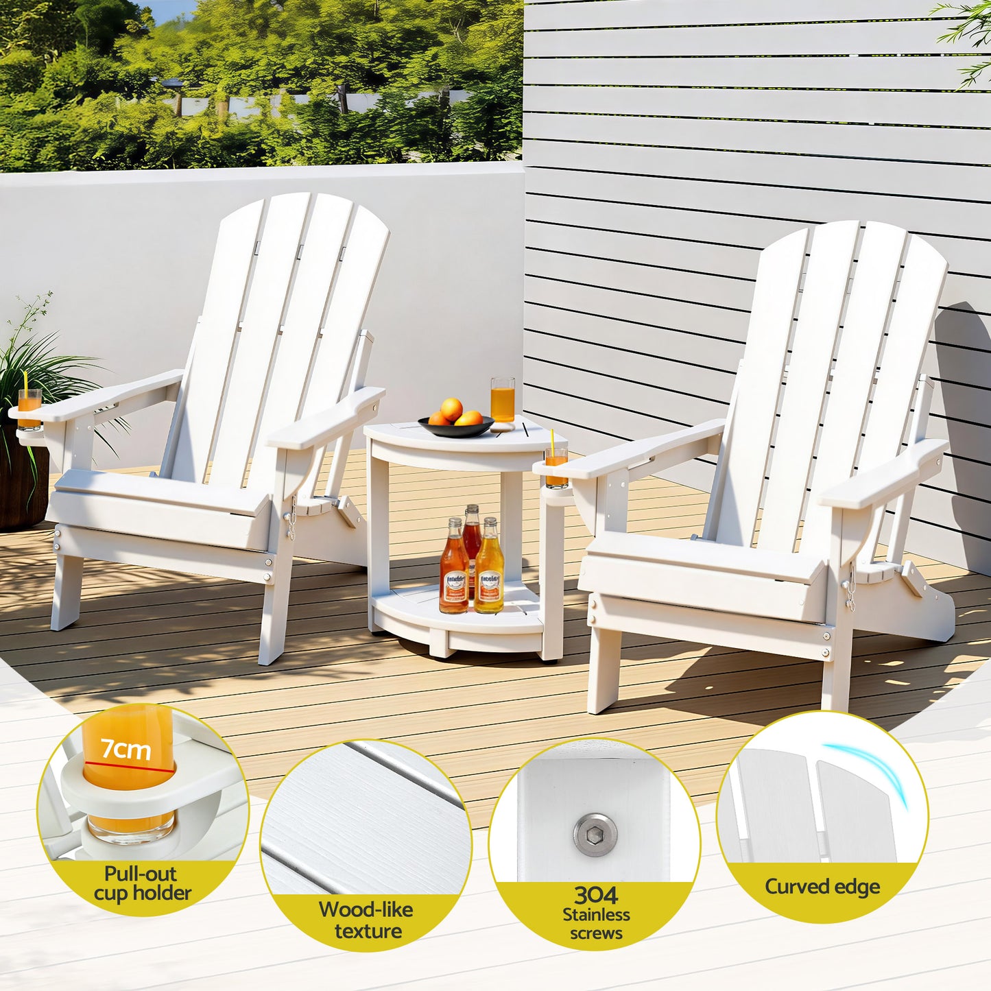 Adirondack Gardeon Outdoor Table and Chairs HDPE Folding Beach Chair Patio Furniture White