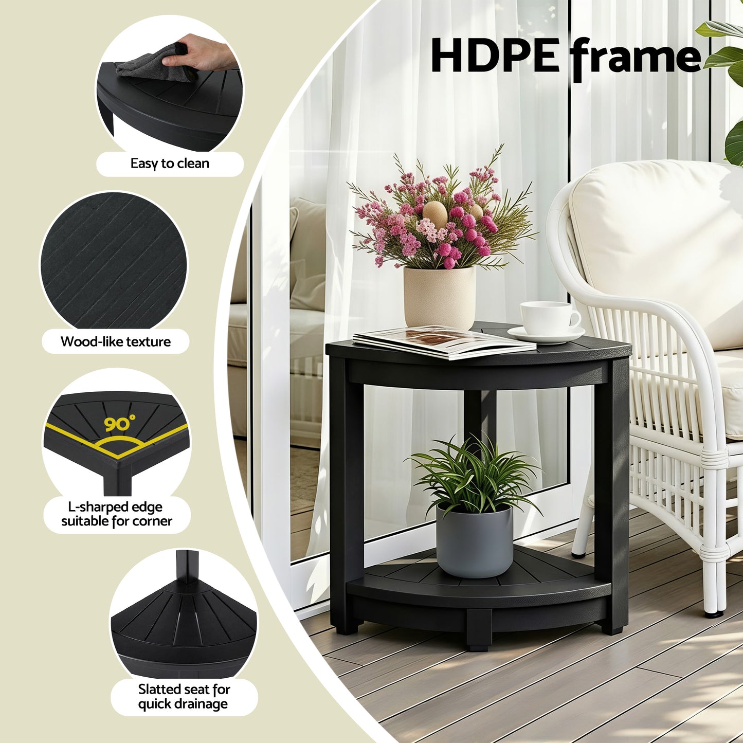 Io Outdoor Coffee Side Table HDPE Desk Corner Shower Stool Bench Seat with Storage Shelf Black