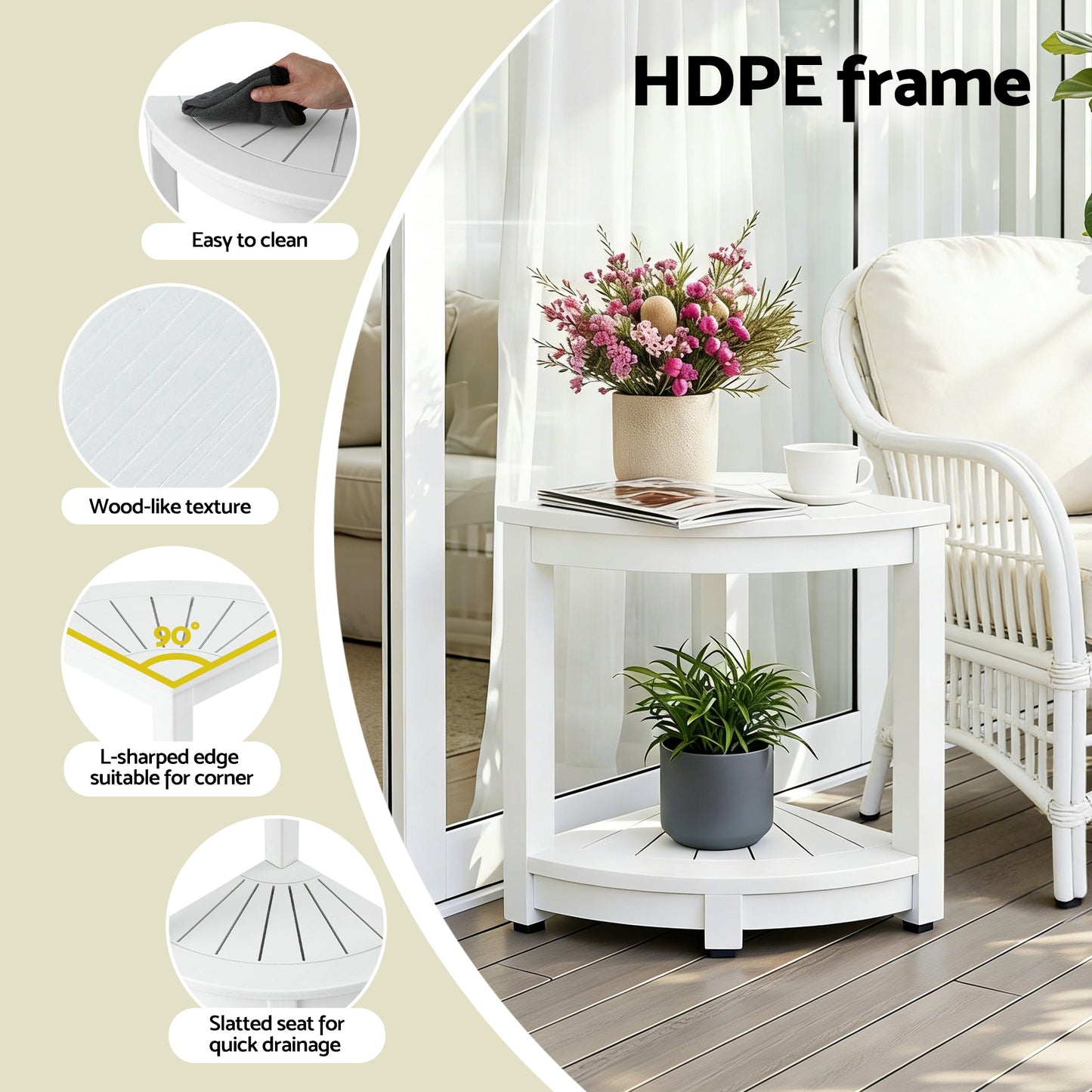 Io Outdoor Coffee Side Table HDPE Desk Corner Shower Stool Bench Seat with Storage Shelf White