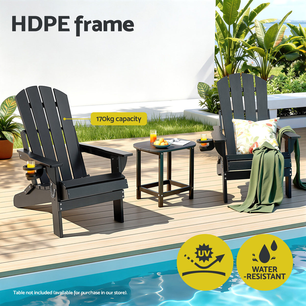 Outdoor Chairs Folding Adirondack Beach Chair HDPE Sun Lounge Patio Furniture Garden Black
