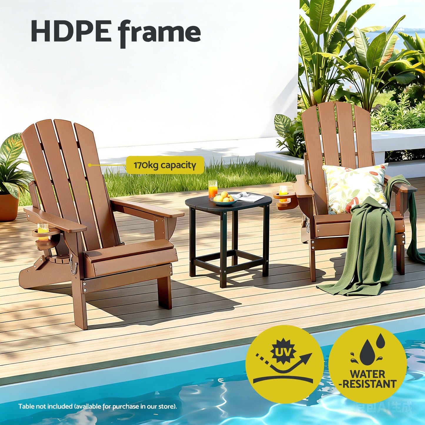Adirondack Gardeon Outdoor Chairs Folding Beach Chair HDPE Sun Lounge Patio Furniture Garden Brown