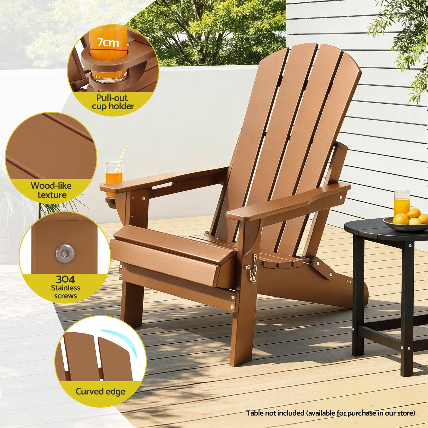 Adirondack Gardeon Outdoor Chairs Folding Beach Chair HDPE Sun Lounge Patio Furniture Garden Brown