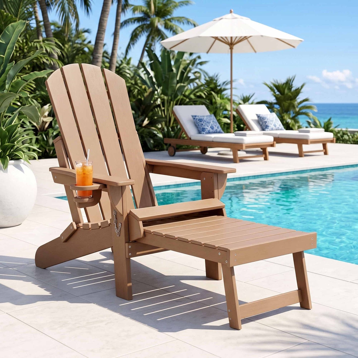 Folding Sun Lounger Adirondack Chair Outdoor Lounge Setting HDPE Recliner Footrest Khaki