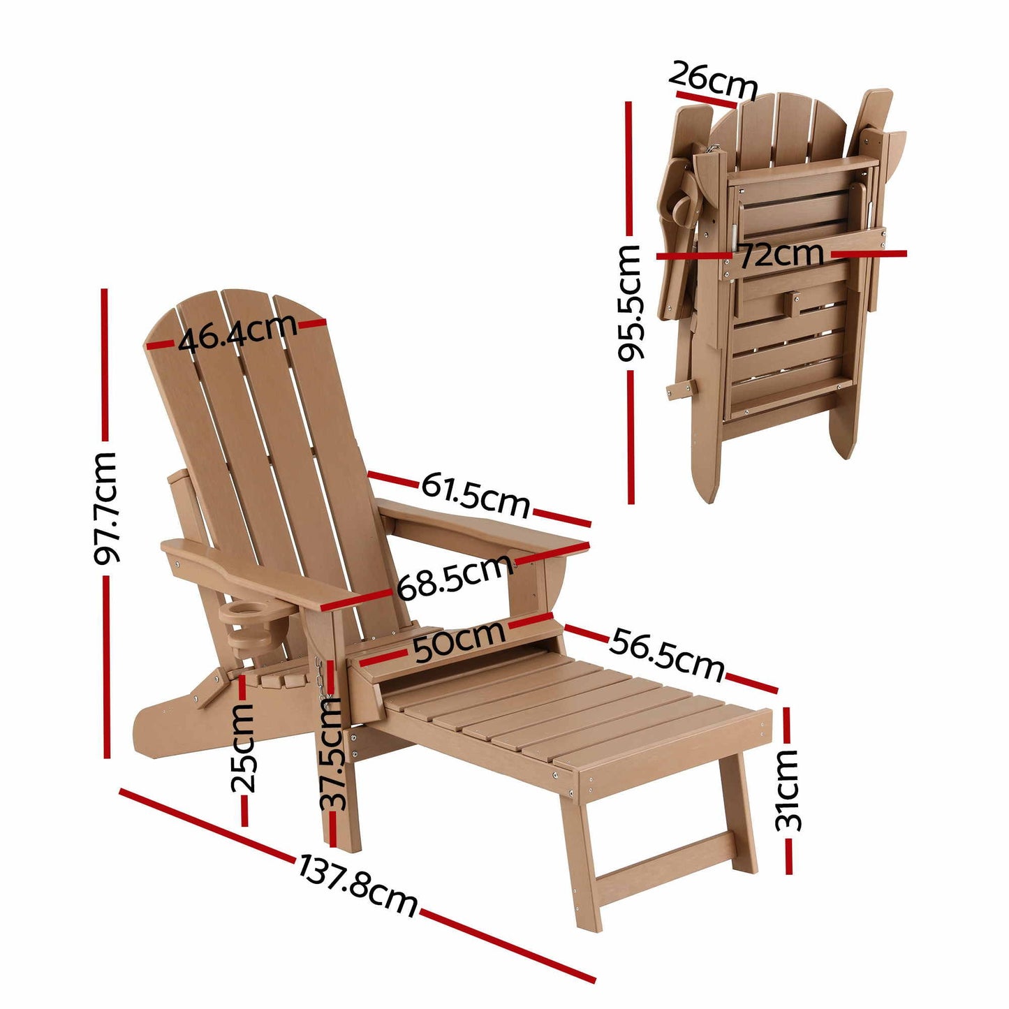 Folding Sun Lounger Adirondack Chair Outdoor Lounge Setting HDPE Recliner Footrest Khaki