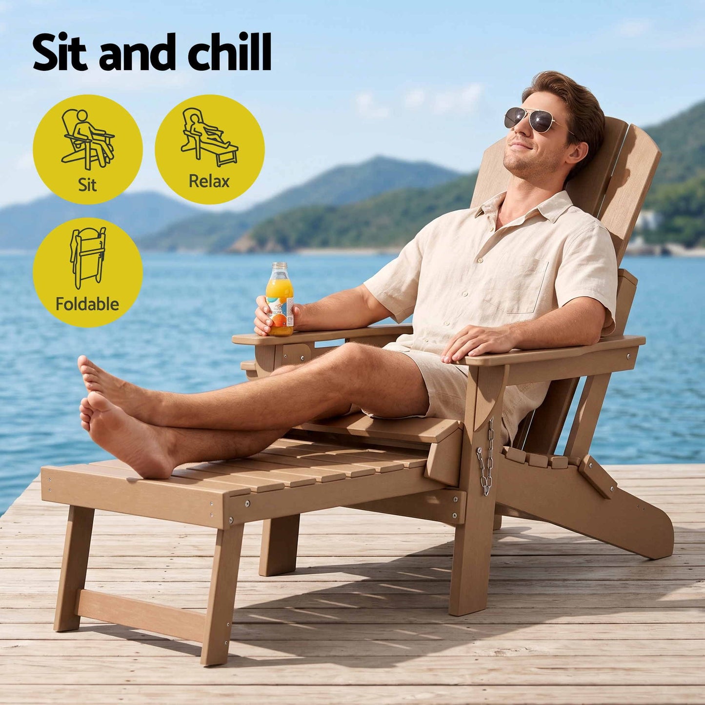 Folding Sun Lounger Adirondack Chair Outdoor Lounge Setting HDPE Recliner Footrest Khaki