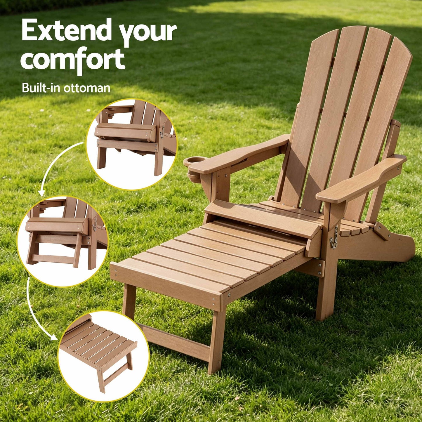 Folding Sun Lounger Adirondack Chair Outdoor Lounge Setting HDPE Recliner Footrest Khaki