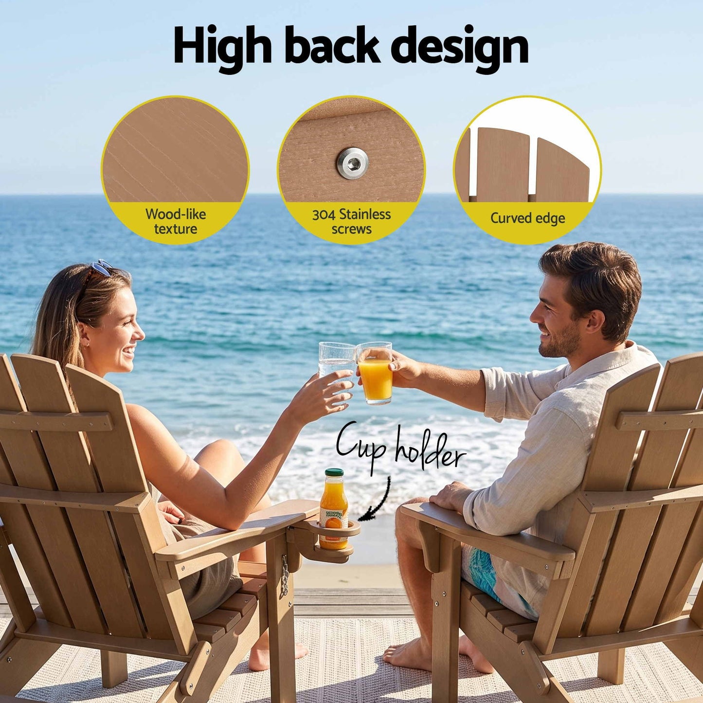 Folding Sun Lounger Adirondack Chair Outdoor Lounge Setting HDPE Recliner Footrest Khaki