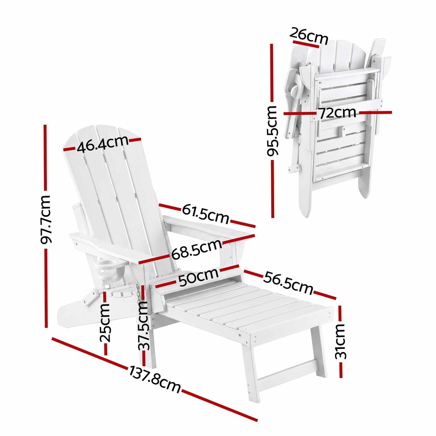 Folding Sun Lounger Adirondack Chair Outdoor Lounge Setting HDPE Recliner Footrest White