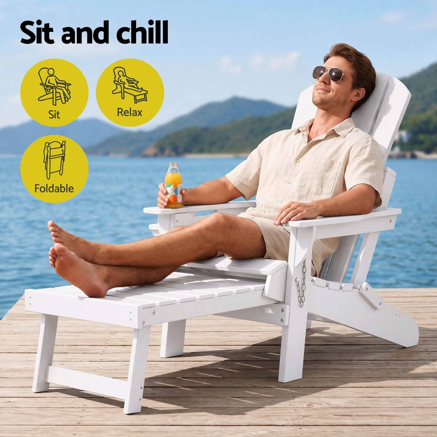 Folding Sun Lounger Adirondack Chair Outdoor Lounge Setting HDPE Recliner Footrest White