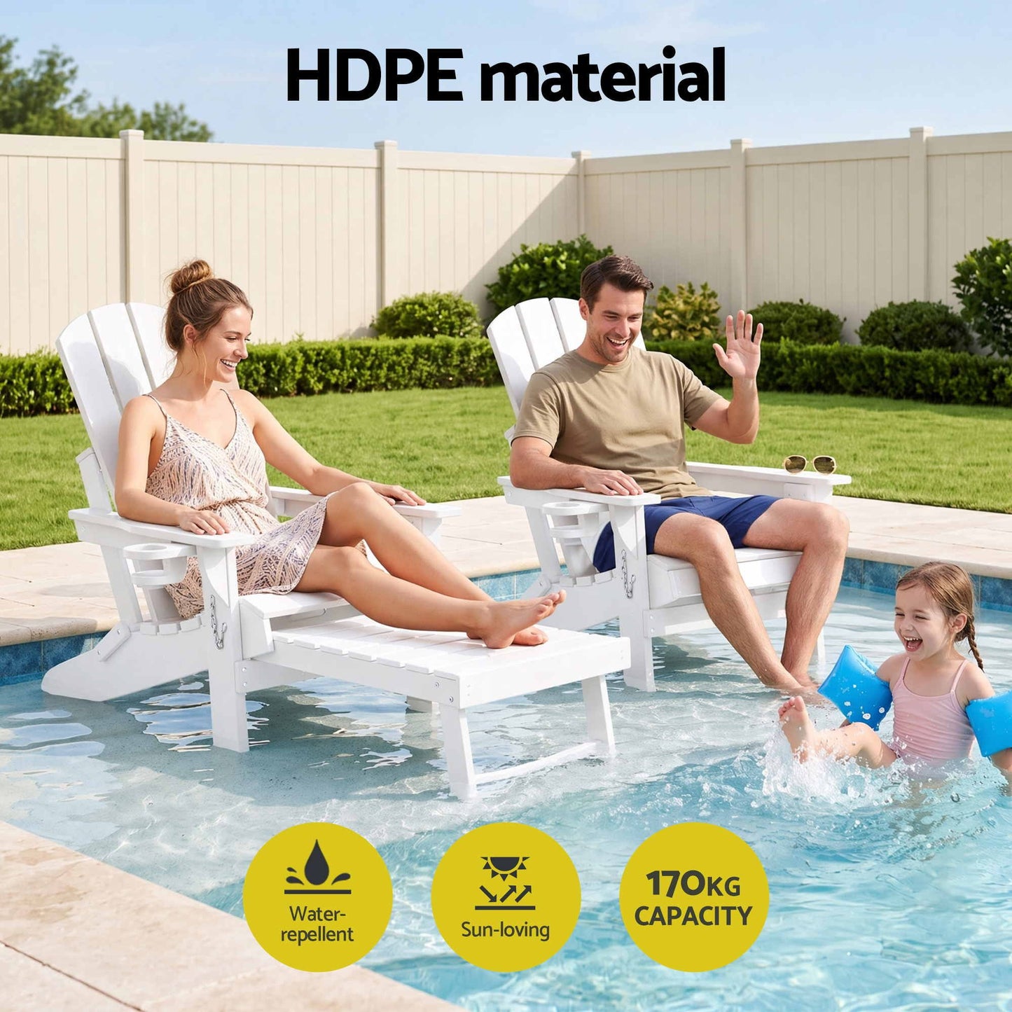 Folding Sun Lounger Adirondack Chair Outdoor Lounge Setting HDPE Recliner Footrest White