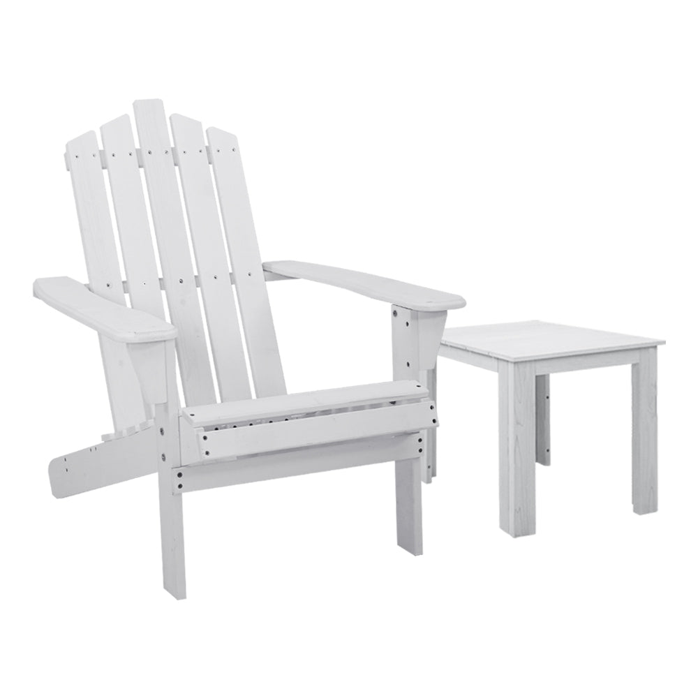 Set of 2 Adirondack Outdoor Table and Chair Wooden Beach Chair Patio Furniture White
