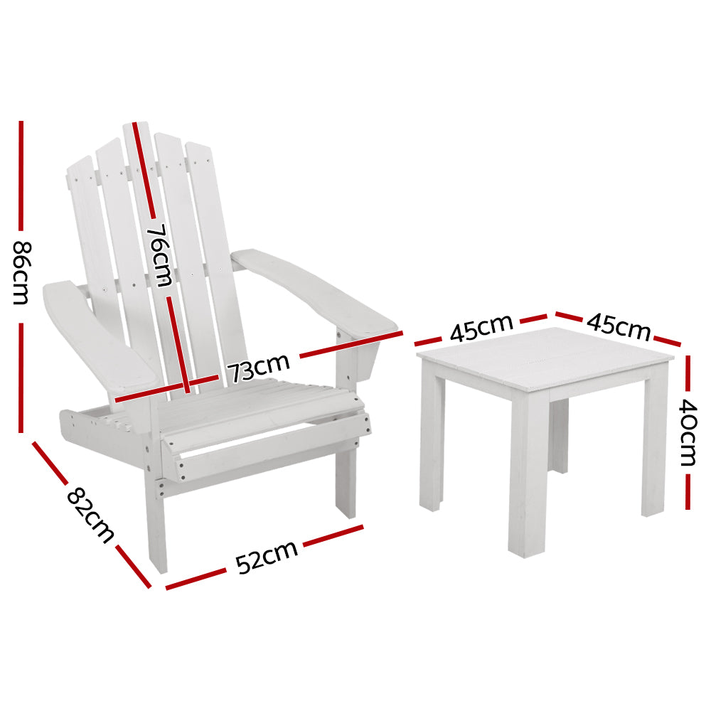 Set of 2 Adirondack Outdoor Table and Chair Wooden Beach Chair Patio Furniture White