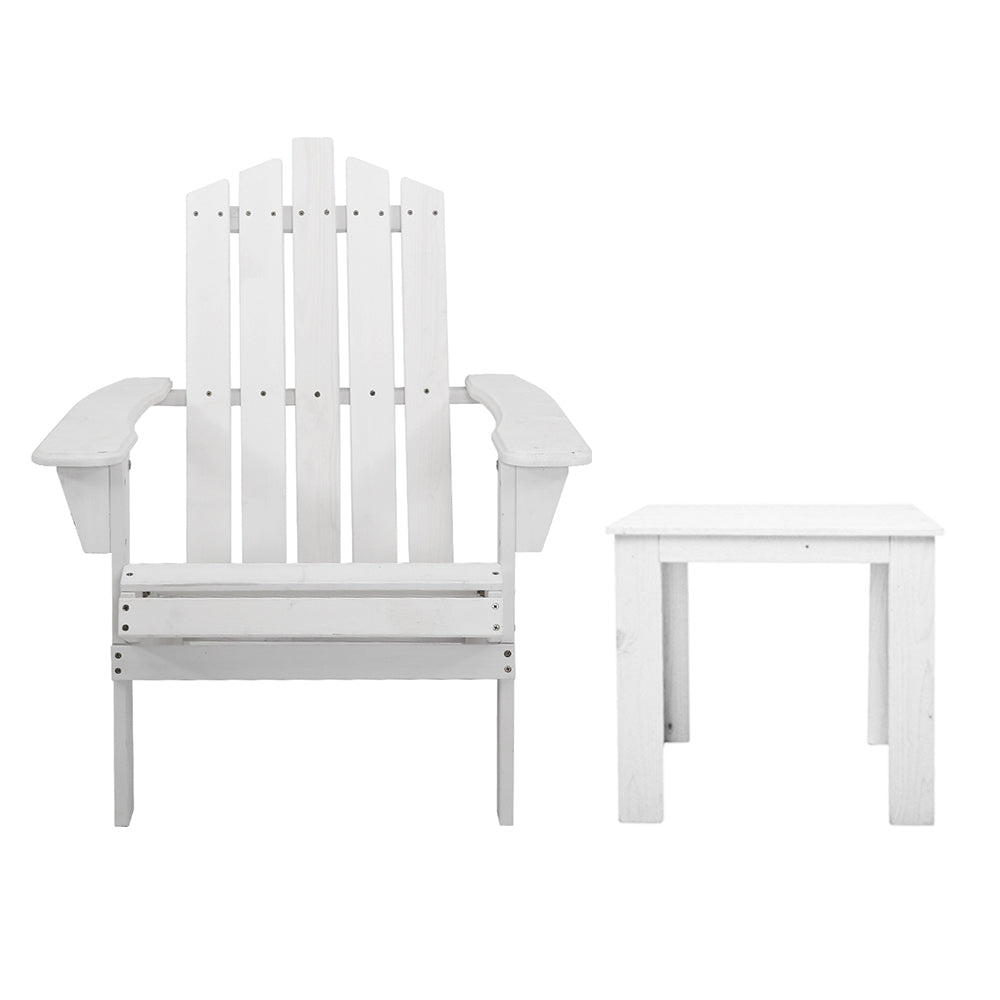 Set of 2 Adirondack Outdoor Table and Chair Wooden Beach Chair Patio Furniture White