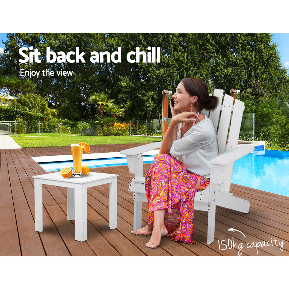 Set of 2 Adirondack Outdoor Table and Chair Wooden Beach Chair Patio Furniture White