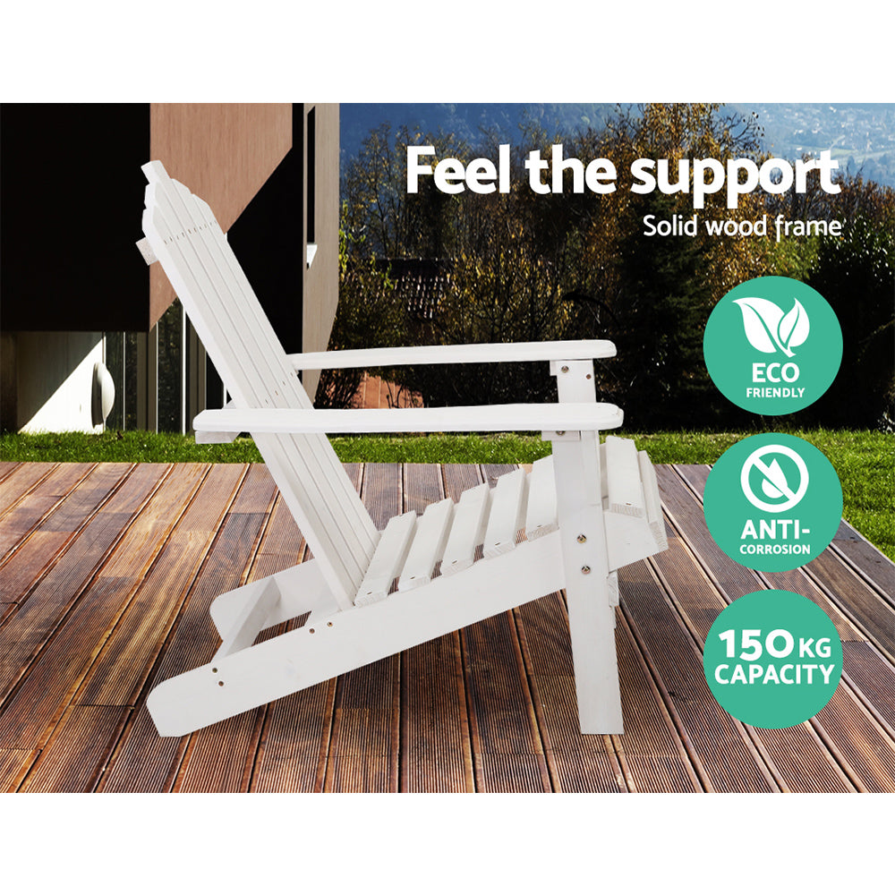 Set of 2 Adirondack Outdoor Table and Chair Wooden Beach Chair Patio Furniture White