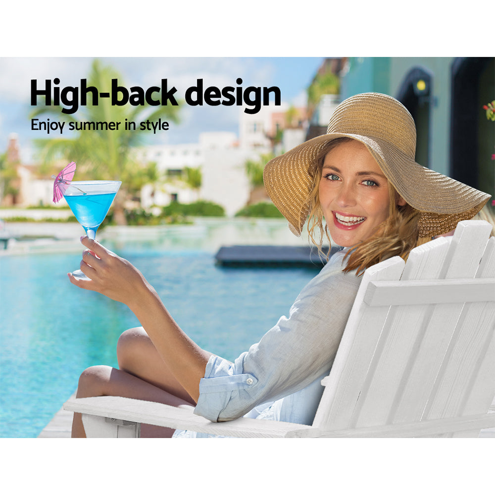Set of 2 Adirondack Outdoor Table and Chair Wooden Beach Chair Patio Furniture White