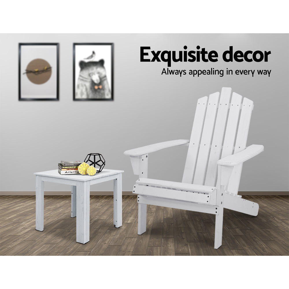 Set of 2 Adirondack Outdoor Table and Chair Wooden Beach Chair Patio Furniture White