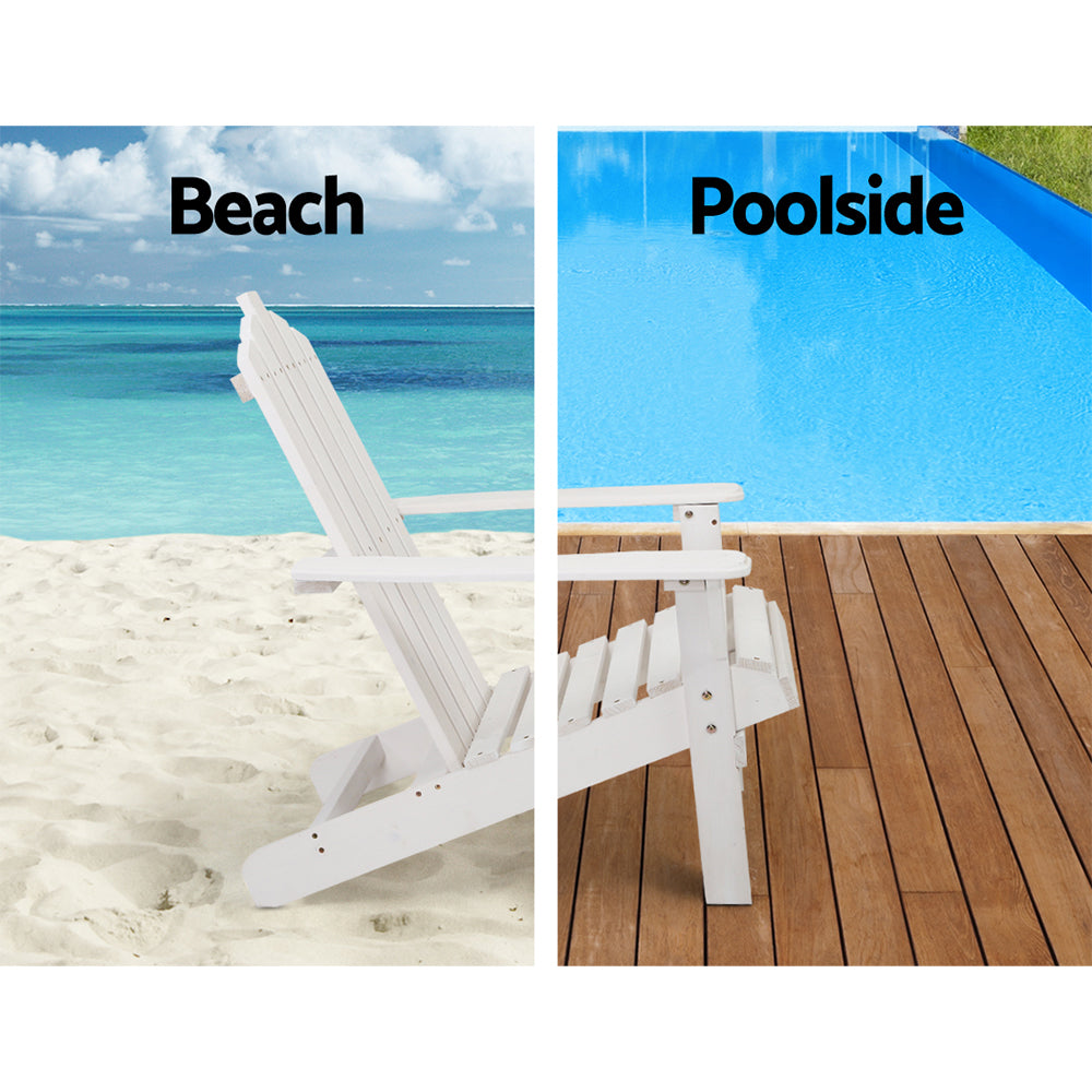 Set of 2 Adirondack Outdoor Table and Chair Wooden Beach Chair Patio Furniture White