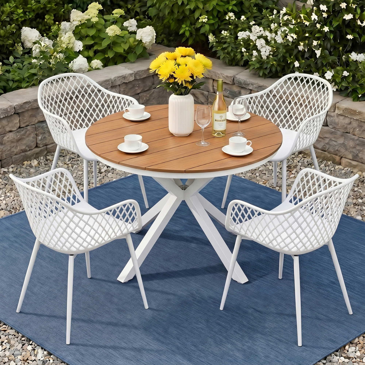 Altina 4-Seater Table and Chairs Patio Garden Furniture Diamond 5-Piece Outdoor Dining Set - White & Wood