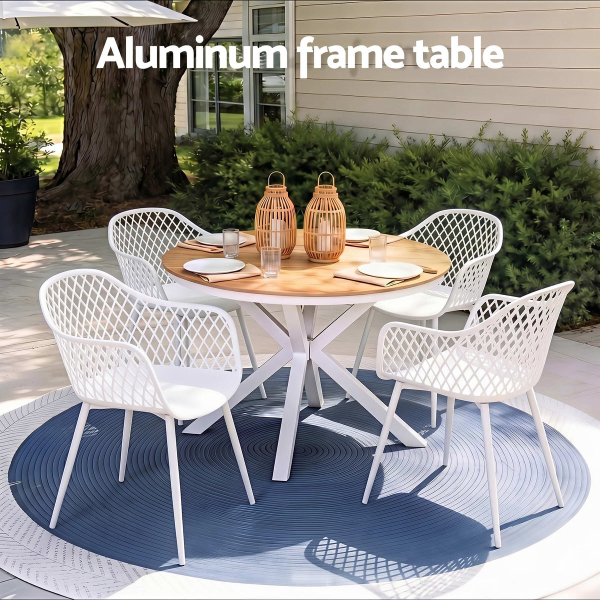 Altina 4-Seater Table and Chairs Patio Garden Furniture Diamond 5-Piece Outdoor Dining Set - White & Wood