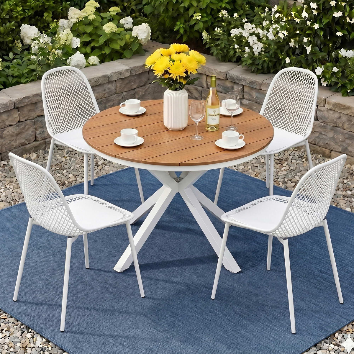 Epiria 4-Seater Table and Chairs Patio Garden Furniture Lattice 5-Piece Outdoor Dining Set - White & Wood