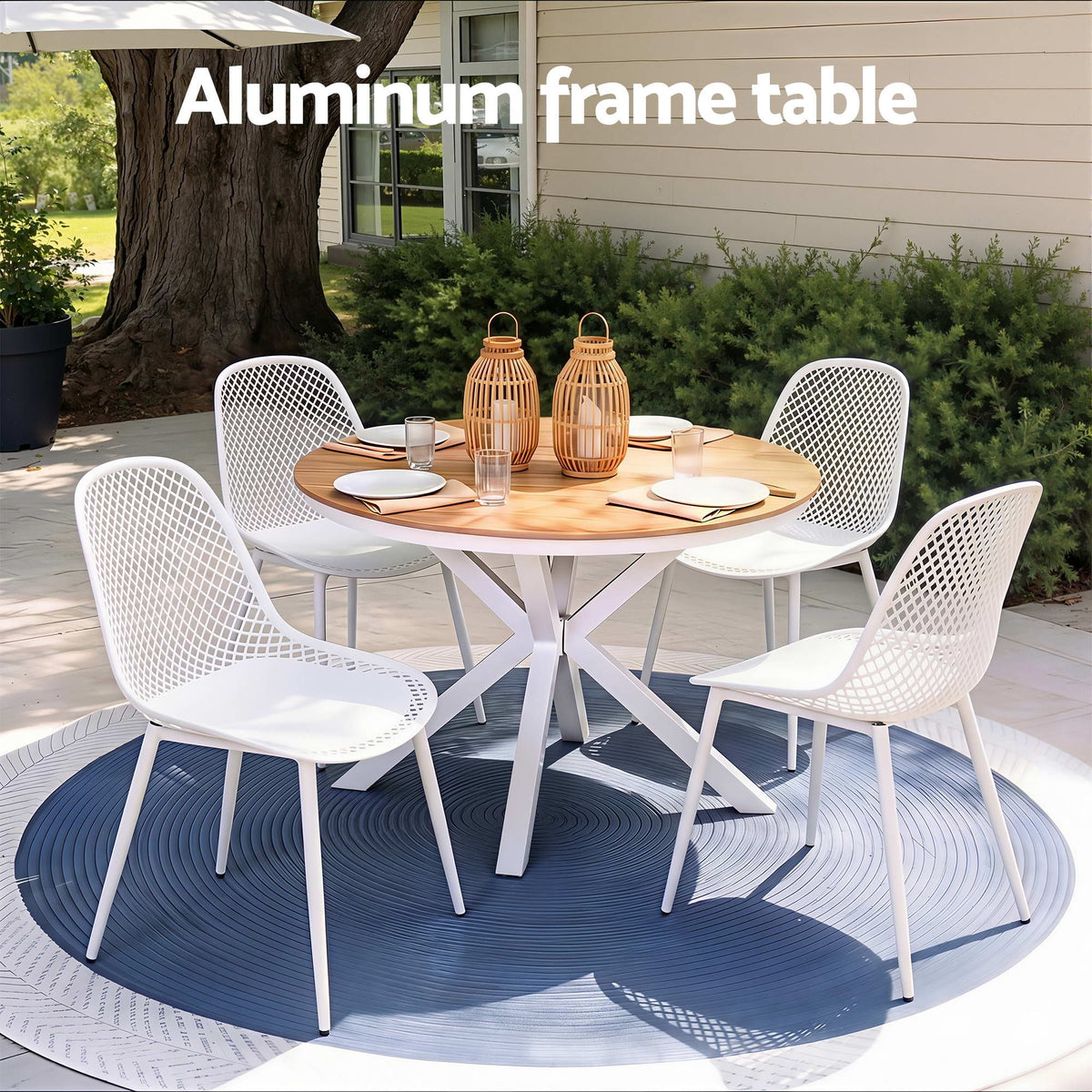 Epiria 4-Seater Table and Chairs Patio Garden Furniture Lattice 5-Piece Outdoor Dining Set - White & Wood