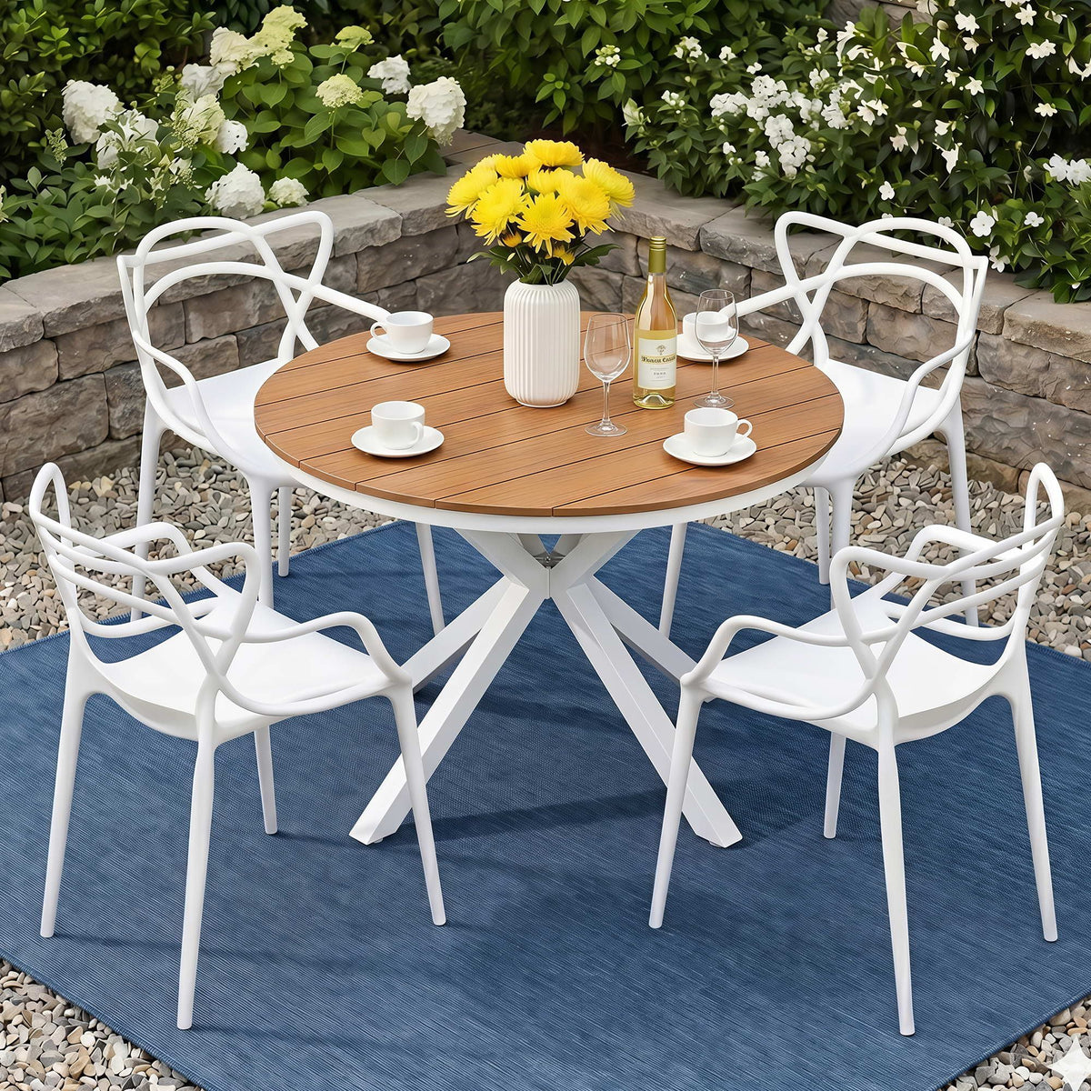 Galatia 4-Seater Table and Chairs Patio Garden Furniture Entwine 5-Piece Outdoor Dining Set - White & Wood