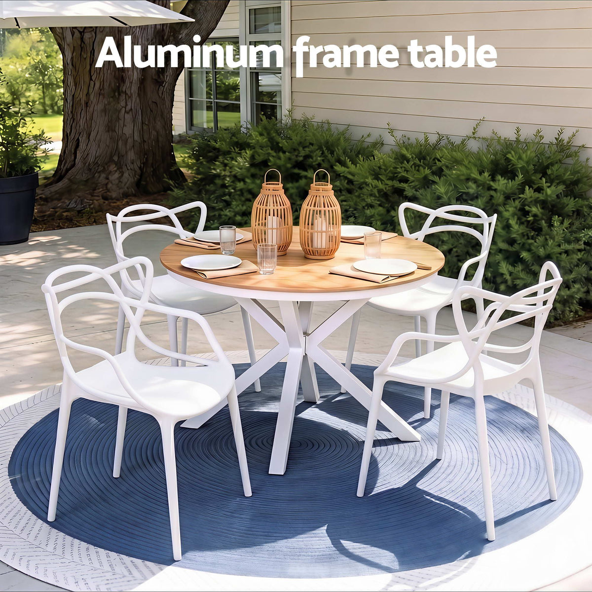 Galatia 4-Seater Table and Chairs Patio Garden Furniture Entwine 5-Piece Outdoor Dining Set - White & Wood