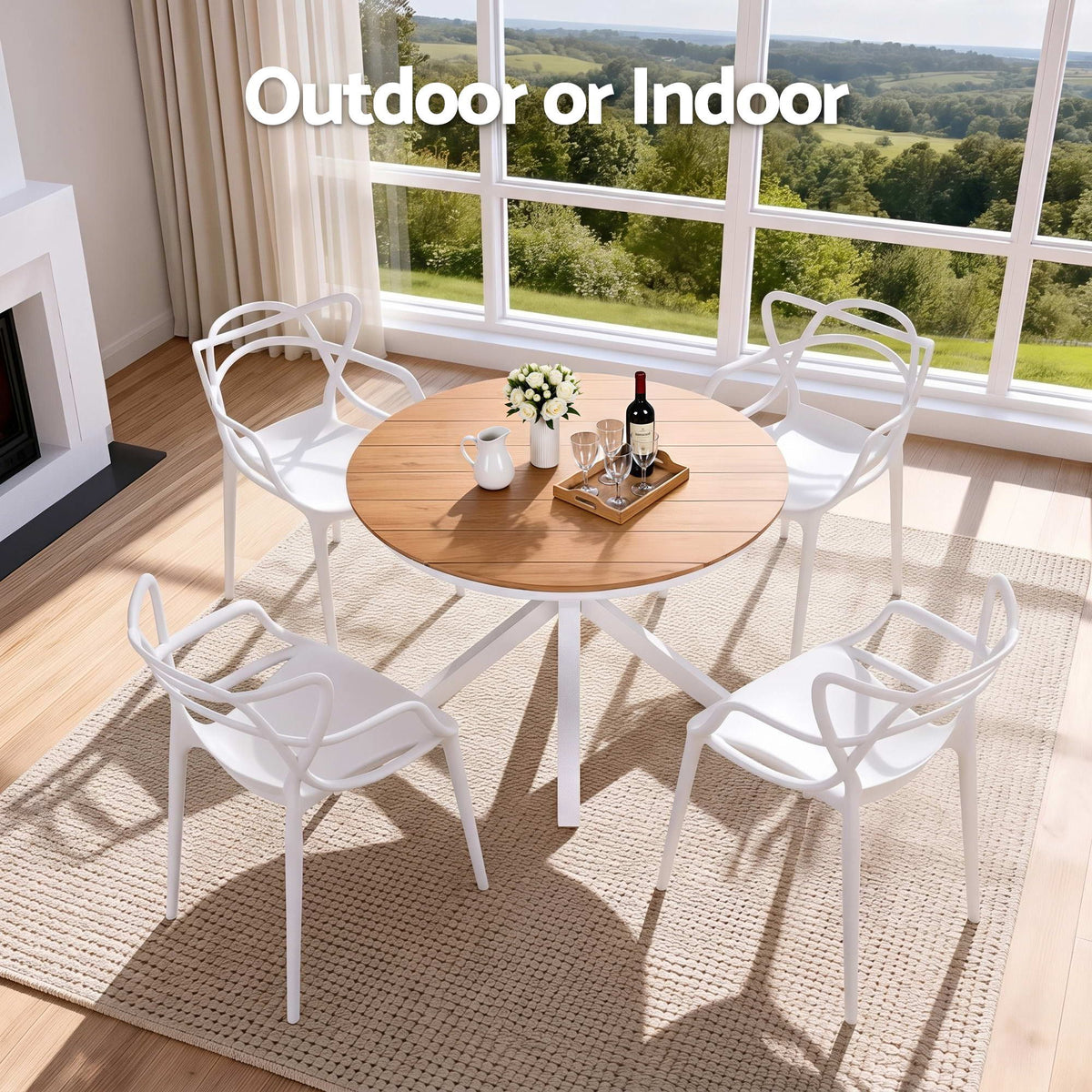 Galatia 4-Seater Table and Chairs Patio Garden Furniture Entwine 5-Piece Outdoor Dining Set - White & Wood