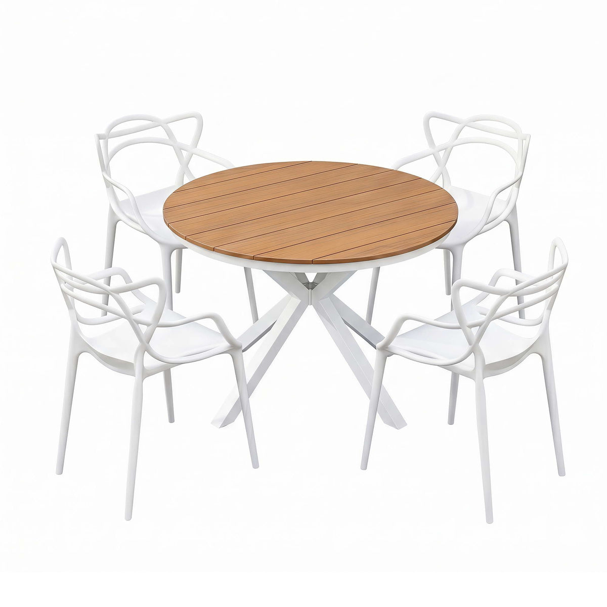 Galatia 4-Seater Table and Chairs Patio Garden Furniture Entwine 5-Piece Outdoor Dining Set - White & Wood