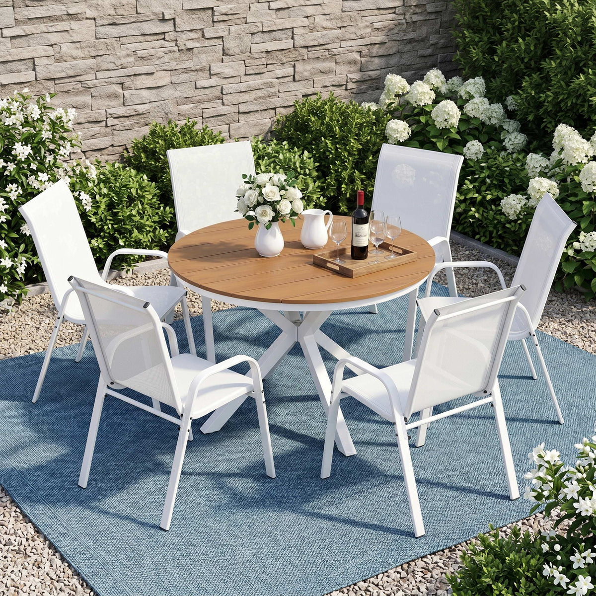 Orelia 6-Seater Table and Chairs Patio Garden Furniture Steel 7-Piece Outdoor Dining Set - White & Wood