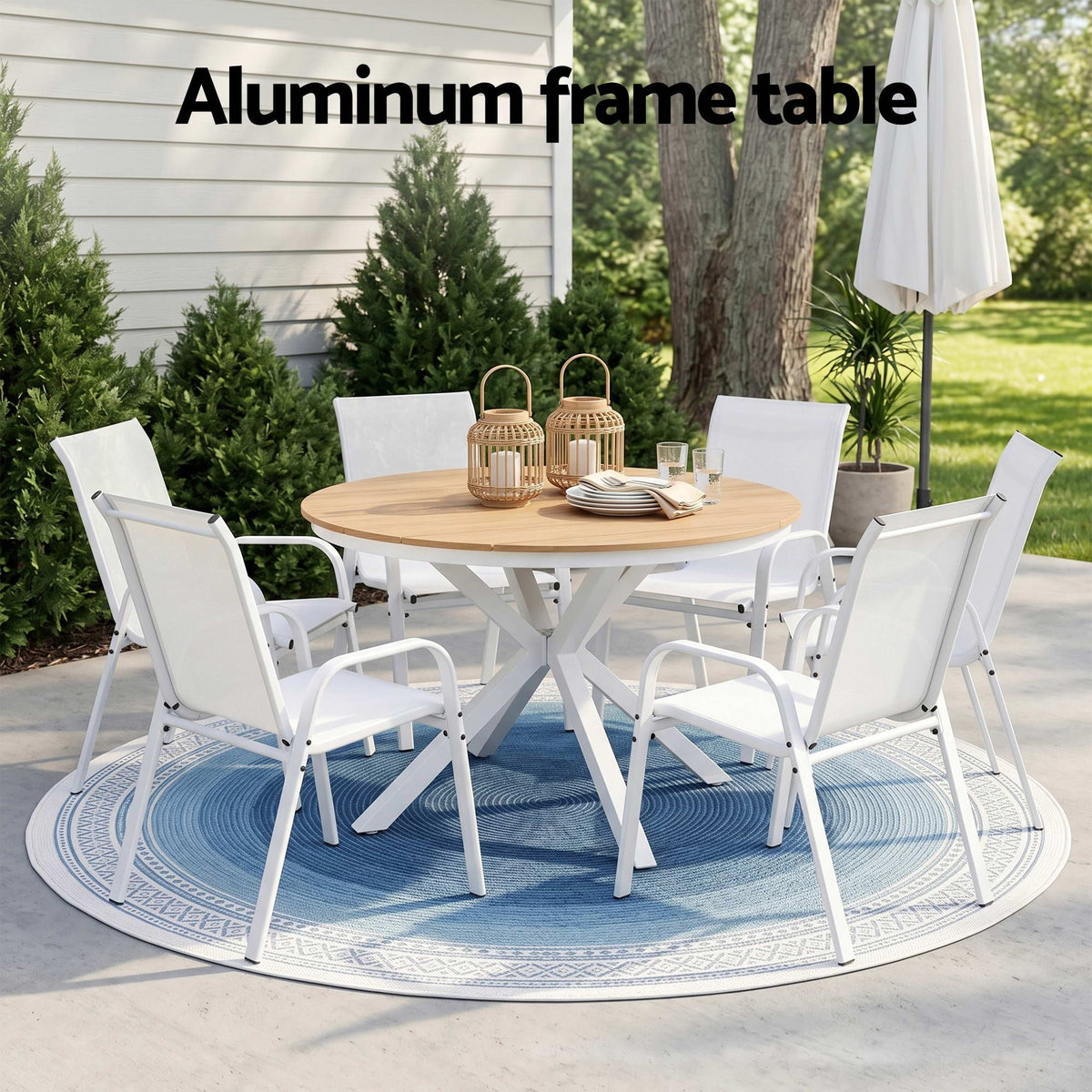 Orelia 6-Seater Table and Chairs Patio Garden Furniture Steel 7-Piece Outdoor Dining Set - White & Wood