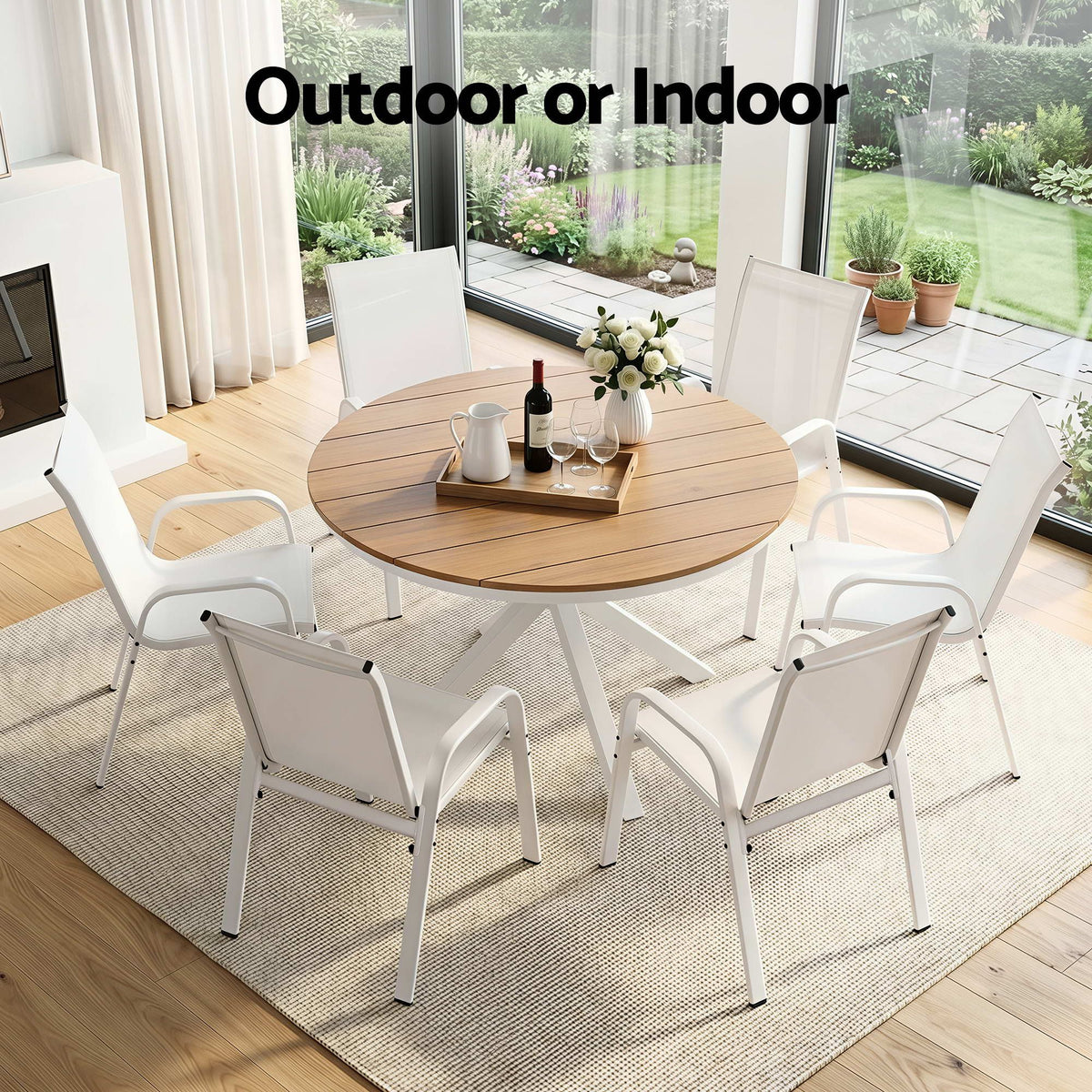 Orelia 6-Seater Table and Chairs Patio Garden Furniture Steel 7-Piece Outdoor Dining Set - White & Wood