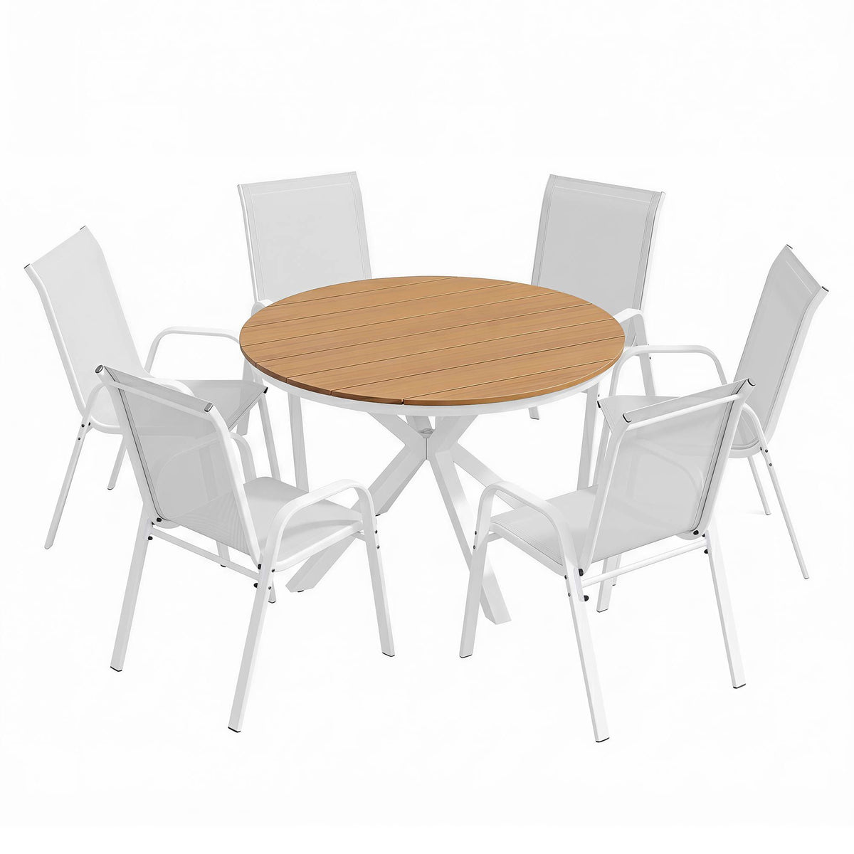 Orelia 6-Seater Table and Chairs Patio Garden Furniture Steel 7-Piece Outdoor Dining Set - White & Wood