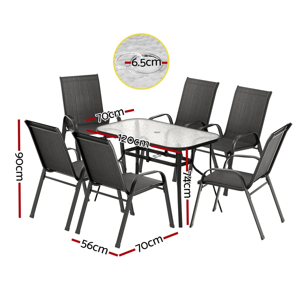Jovan 6-Seater Outdoor Dining Set Table and Chairs Patio Furniture Garden Bistro Set 7-Piece - Black