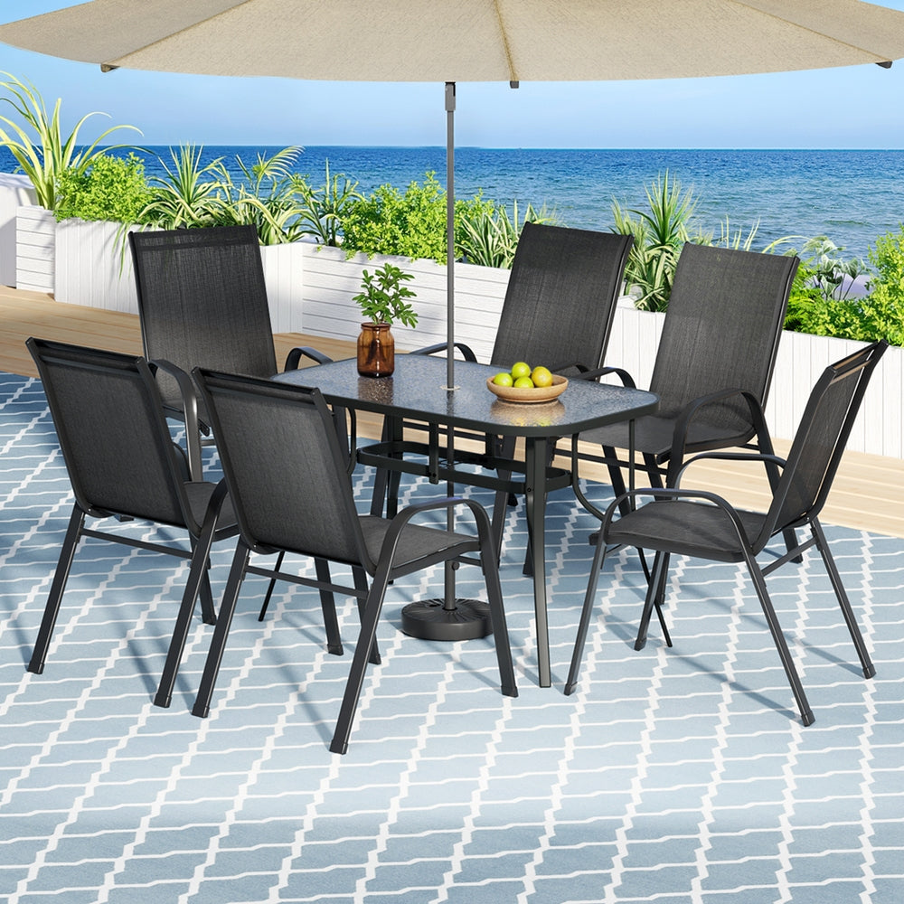 Jovan 6-Seater Outdoor Dining Set Table and Chairs Patio Furniture Garden Bistro Set 7-Piece - Black