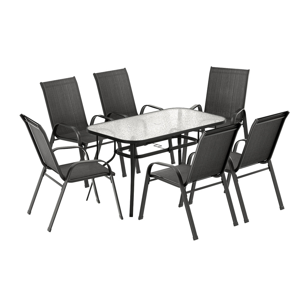 Jovan 6-Seater Outdoor Dining Set Table and Chairs Patio Furniture Bistro Set Garden 7-Piece - Black